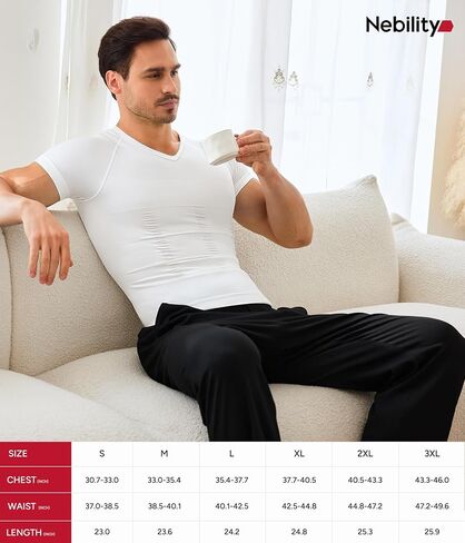 Nebility Compression Shirt Men Shapewear V-Neck Short Sleeve Body Shaper Slimming Undershirt Tummy Control in Kuwait