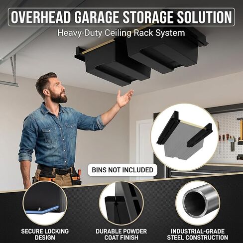 Overhead Garage Storage Rack,Garage Ceiling Storage 3 Rails Set, Overhead Storage Rack to Hold 2 Plastic Totes, Metal Ceiling Racks for Garage Storage to Free Up Floor Space, Garage Organizer System in Kuwait