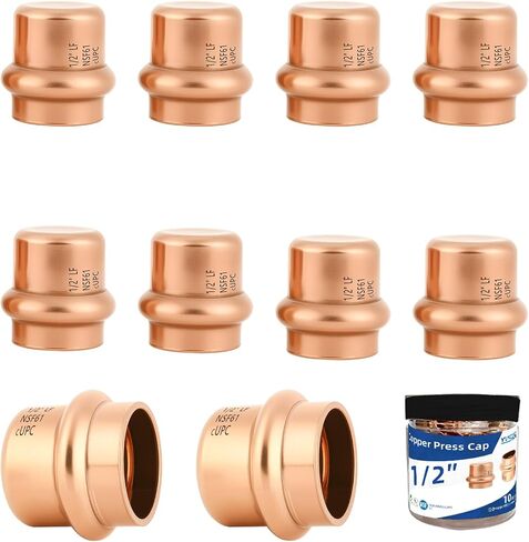 10-Pack YVSKM 1/2" Copper Press Cap, Lead-Free Copper Pipe Fitting End Cap for Press Plumbing Systems, Hot & Cold Water, Potable Water Applications in Kuwait