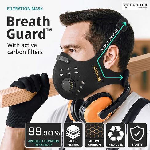 قناع الغبار من FIGHTECH - قناع وجه قابل لإعادة الاستخدام مع مرشحات كربون وصمامات هواء للأعمال الخشبية والبناء والنقل in Kuwait
