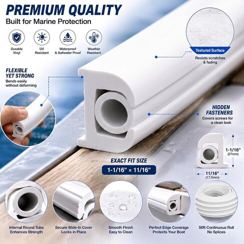 DaisyInner 50ft Boat Rub Rail Kit with Vinyl Insert Marine Grade Flexible Rub Rail for Boats 1-1/16" x 11/16" Heavy Duty Boat Bumper Strip Replacement UV & Saltwater Resistant Dock Protection White in Kuwait