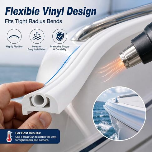 DaisyInner 50ft Boat Rub Rail Kit with Vinyl Insert Marine Grade Flexible Rub Rail for Boats 1-1/16" x 11/16" Heavy Duty Boat Bumper Strip Replacement UV & Saltwater Resistant Dock Protection White in Kuwait