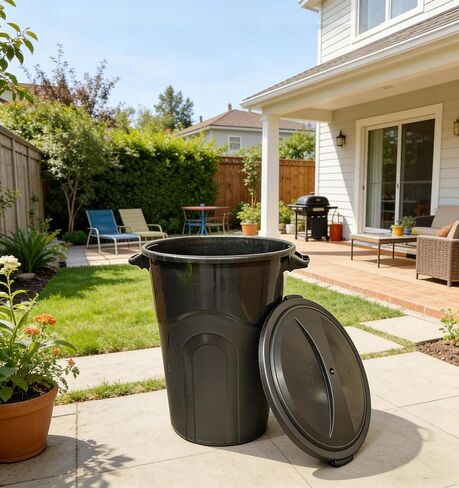 32 Gallon Plastic Trash Can with Locking Lid & Built-in Handles, Black | Weather resistant build, odor blocking seal, smooth wipe-clean surface, fits garage patio office indoor outdoor use in Kuwait