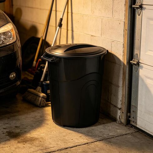 32 Gallon Plastic Trash Can with Locking Lid & Built-in Handles, Black | Weather resistant build, odor blocking seal, smooth wipe-clean surface, fits garage patio office indoor outdoor use in Kuwait