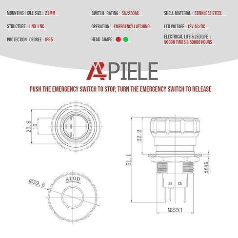 APIELE مفتاح ضغط إيقاف الطوارئ 1NO1NC 250V 5A مفتاح زر ضغط إيقاف الطوارئ الأحمر مع محطات توصيل سريعة (LED أخضر، 22 مم) in Saudi Arabia