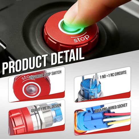 APIELE مفتاح ضغط إيقاف الطوارئ 1NO1NC 250V 5A مفتاح زر ضغط إيقاف الطوارئ الأحمر مع محطات توصيل سريعة (LED أخضر، 22 مم) in Saudi Arabia