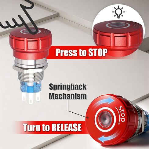 APIELE مفتاح ضغط إيقاف الطوارئ 1NO1NC 250V 5A مفتاح زر ضغط إيقاف الطوارئ الأحمر مع محطات توصيل سريعة (LED أخضر، 22 مم) in Saudi Arabia