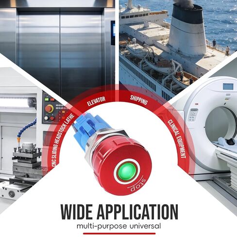 APIELE مفتاح ضغط إيقاف الطوارئ 1NO1NC 250V 5A مفتاح زر ضغط إيقاف الطوارئ الأحمر مع محطات توصيل سريعة (LED أخضر، 22 مم) in Saudi Arabia