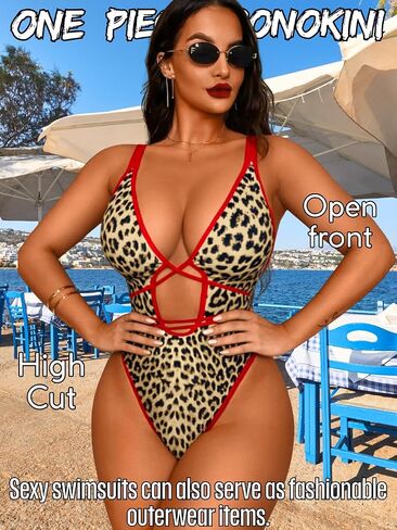EHSUYAB Sexy Women Plunge V One Piece Swimsuit, Leopard Open Front Cut Out Cheeky High Cut Bathing Suit, Rave Beach Monokini in Kuwait