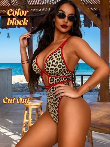 EHSUYAB Sexy Women Plunge V One Piece Swimsuit, Leopard Open Front Cut Out Cheeky High Cut Bathing Suit, Rave Beach Monokini in Kuwait