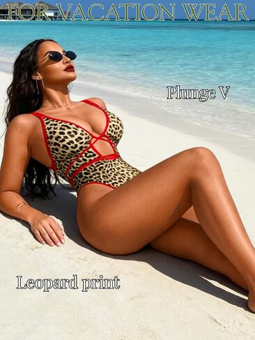 EHSUYAB Sexy Women Plunge V One Piece Swimsuit, Leopard Open Front Cut Out Cheeky High Cut Bathing Suit, Rave Beach Monokini in Kuwait