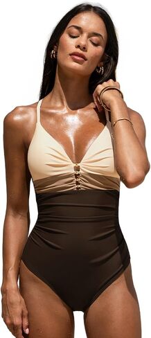 CUPSHE Women's One Piece Swimsuit V Neck Bathing Suit Color Block Crossback Self Tie Ruching Swimwear Beading in Kuwait