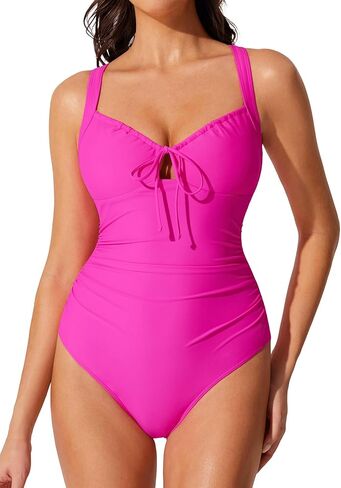 RXRXCOCO Women Tummy Control One Piece Swimsuit Cutout V-Neck Slimming Bathing Suit Tie Knot Ruched Swimwear in Kuwait