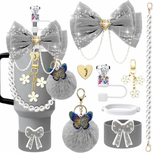 Bling Accessories for Stanley Cup 20/30/40oz Bow Topper Set Pink | Glitter Bow & Diamond Straw Topper Set with Silicone Boot, Pearl Handle Strap & Charms for Stanley Cup 20/30/40oz in Kuwait