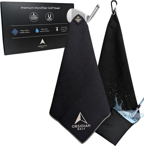 Magnetic Golf Towel (Greenside 18" x 18") with Hydro Pocket – Premium Full-Size Waffle Weave Stays Wet for Cleaning Clubs, Attaches to Clubs or Cart, Green-Side Ready (Obsidian Black) in Kuwait