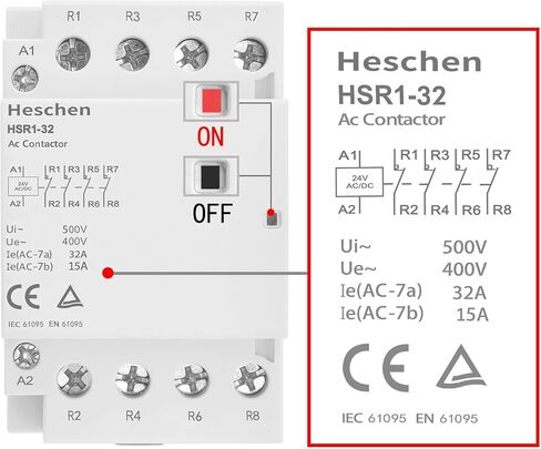 موصل تيار متردد منزلي من Heschen، HSR1-32، Ie 32A، 4 أقطاب، أربعة مغلق بشكل طبيعي، جهد ملف تيار متردد/تيار مستمر 24 فولت، حامل سكة DIN 35 مم، مدرج في قائمة TUV in Kuwait