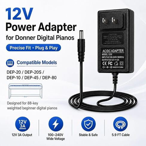 Power Adapter for Donner Keyboard Piano, 12V AC Adapter Compatible with Donner DEP-20 DEP-20S DEP-10 DEP-45 DEP-80 Beginner Digital Piano 88 Key Full Size Weighted Keyboard Piano, Power Charger Cord in Kuwait