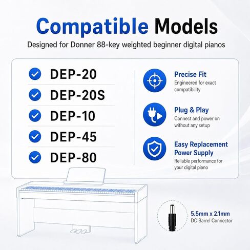 Power Adapter for Donner Keyboard Piano, 12V AC Adapter Compatible with Donner DEP-20 DEP-20S DEP-10 DEP-45 DEP-80 Beginner Digital Piano 88 Key Full Size Weighted Keyboard Piano, Power Charger Cord in Kuwait