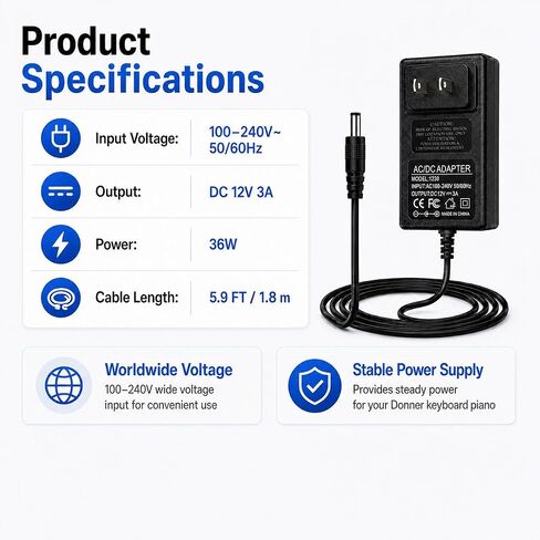 Power Adapter for Donner Keyboard Piano, 12V AC Adapter Compatible with Donner DEP-20 DEP-20S DEP-10 DEP-45 DEP-80 Beginner Digital Piano 88 Key Full Size Weighted Keyboard Piano, Power Charger Cord in Kuwait