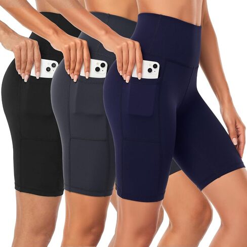 Purplepig 3 Pack Women's Black Grey Navy Biker Shorts with Pockets, 8" High Waisted Tummy Control Buttery Soft Workout Shorts for Yoga Running Gym Volleyball in Kuwait