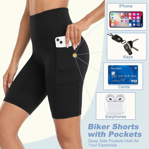 Purplepig 3 Pack Women's Black Grey Navy Biker Shorts with Pockets, 8" High Waisted Tummy Control Buttery Soft Workout Shorts for Yoga Running Gym Volleyball in Kuwait