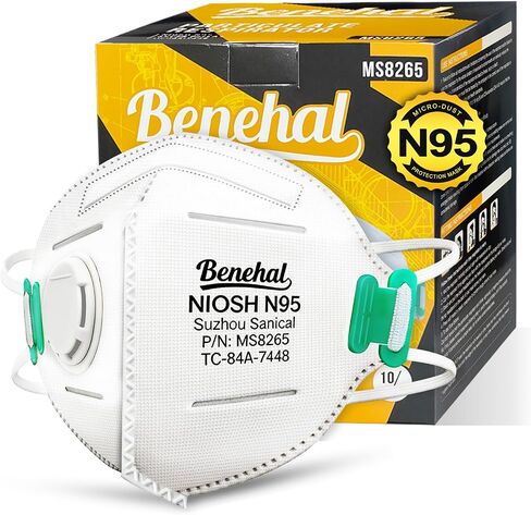 10 أقنعة N95 معتمدة من benehal للبالغين مع صمام زفير 4 طبقات ترشيح داخل مشبك الأنف، وأشرطة رأس قابلة للتعديل للرجال والنساء in Kuwait