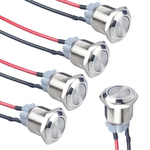 5pcs 16mm Latching Metal Push Button Switch with Pre-soldered Cable 1NO 12V 24V 36V 110V 250V Waterproof IP66 Without LED (Silver Flat Head) in Saudi Arabia