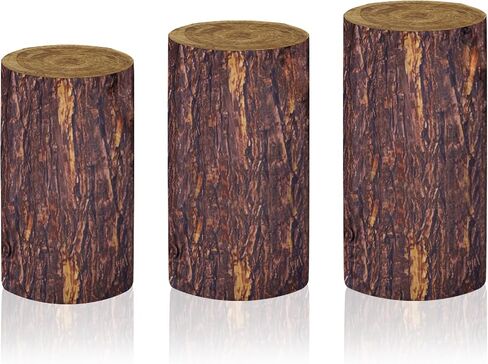 Hordion 3 Pack Wooden Grain Cylinder Stand Covers, Simulated Tree Stump Spandex Pillar Cover or Party Wedding Birthday Decor, Covers Only (Elastic Fabric - Small) in Kuwait
