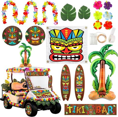 56 Pcs Summer Luau Tropical Golf Cart Parade Decorations, Summer Tropical Golf Cart Decor with Tiki Fabric Backdrop, Hawaiian Surfboard Wall Hanging, Hawaiian Wreath, 9.8FT in Kuwait