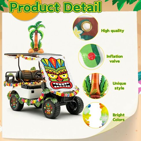 56 Pcs Summer Luau Tropical Golf Cart Parade Decorations, Summer Tropical Golf Cart Decor with Tiki Fabric Backdrop, Hawaiian Surfboard Wall Hanging, Hawaiian Wreath, 9.8FT in Kuwait
