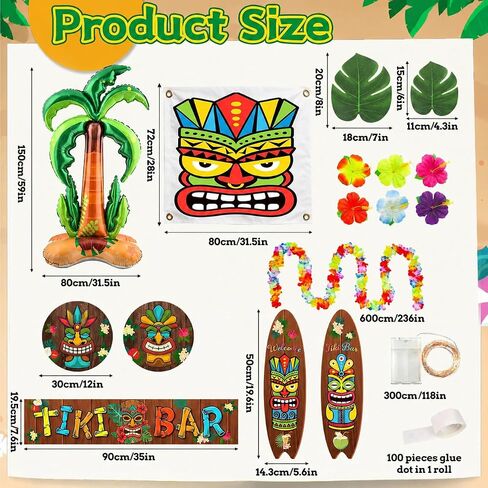 56 Pcs Summer Luau Tropical Golf Cart Parade Decorations, Summer Tropical Golf Cart Decor with Tiki Fabric Backdrop, Hawaiian Surfboard Wall Hanging, Hawaiian Wreath, 9.8FT in Kuwait