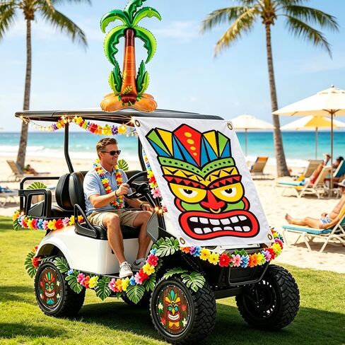 56 Pcs Summer Luau Tropical Golf Cart Parade Decorations, Summer Tropical Golf Cart Decor with Tiki Fabric Backdrop, Hawaiian Surfboard Wall Hanging, Hawaiian Wreath, 9.8FT in Kuwait