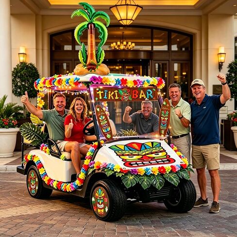 56 Pcs Summer Luau Tropical Golf Cart Parade Decorations, Summer Tropical Golf Cart Decor with Tiki Fabric Backdrop, Hawaiian Surfboard Wall Hanging, Hawaiian Wreath, 9.8FT in Kuwait