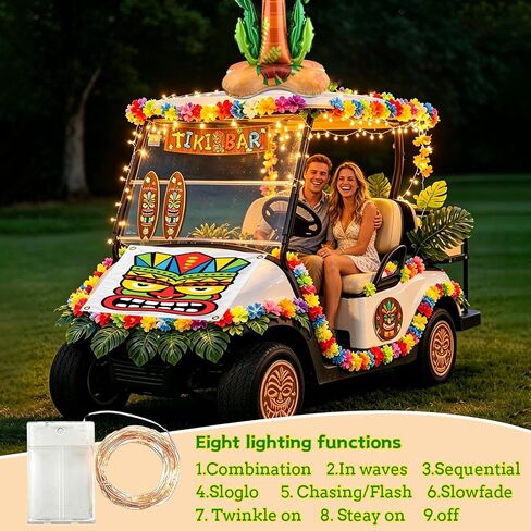 56 Pcs Summer Luau Tropical Golf Cart Parade Decorations, Summer Tropical Golf Cart Decor with Tiki Fabric Backdrop, Hawaiian Surfboard Wall Hanging, Hawaiian Wreath, 9.8FT in Kuwait
