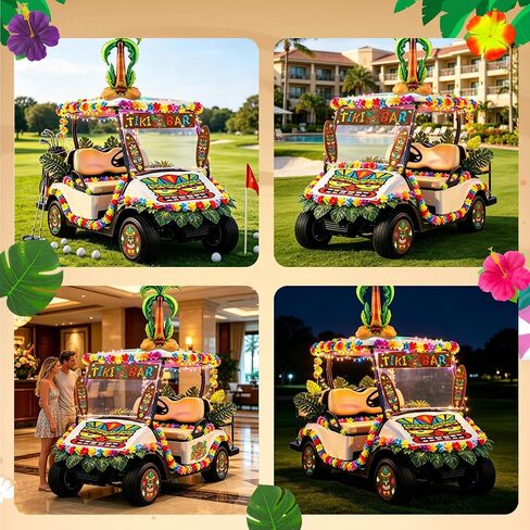 56 Pcs Summer Luau Tropical Golf Cart Parade Decorations, Summer Tropical Golf Cart Decor with Tiki Fabric Backdrop, Hawaiian Surfboard Wall Hanging, Hawaiian Wreath, 9.8FT in Kuwait
