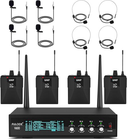 Lapel Microphones 4 Channel UHF Wireless Microphone System with 4 Lavalier 4 Headset Mics, Metal Receiver for Singing Meeting Church Wedding Event TV Speaker (4 Bodypack, 262ft Range) in Kuwait