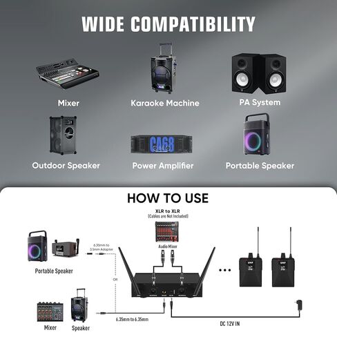 Lapel Microphones 4 Channel UHF Wireless Microphone System with 4 Lavalier 4 Headset Mics, Metal Receiver for Singing Meeting Church Wedding Event TV Speaker (4 Bodypack, 262ft Range) in Kuwait