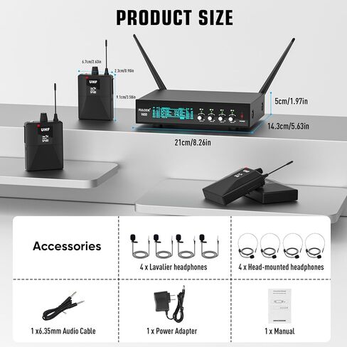 Lapel Microphones 4 Channel UHF Wireless Microphone System with 4 Lavalier 4 Headset Mics, Metal Receiver for Singing Meeting Church Wedding Event TV Speaker (4 Bodypack, 262ft Range) in Kuwait