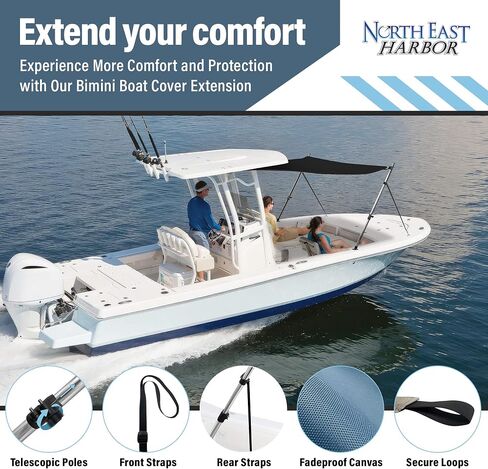 Universal T-Top Shade Extension for Bimini Tops for Boats, Sun Shade Boat Canopy, Adjustable Telescopic Poles, Stainless Steel, Marine 900D Fadeproof Boat Cover, 60" L x 59" W, Mesh in Kuwait