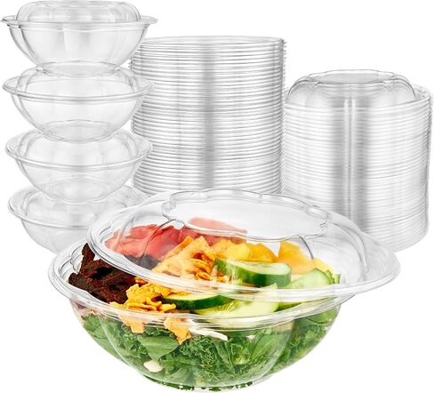 Stock Your Home 32oz Clear Plastic Salad Bowls with Lids Disposable (50 Pack) Medium Takeout Container with Snap on Lid for Fruit Salads, Quinoa, Lunch and Meal Prep, Acai Bowl, To-Go Party Containers in Kuwait