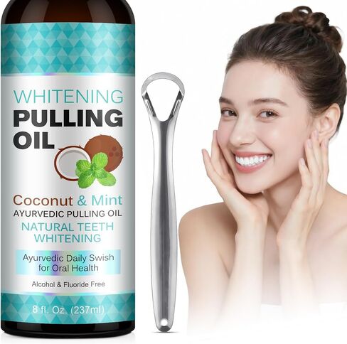 Peppermint Coconut Oil Pulling Mouthwash, Fast Acting & Visible Effect in Days, Deep Cleaning for Teeth & Gum, Fresh Breath, Alcohol-Free Natural Rinse Kit with Tongue Scraper for Adults & Kids in Kuwait