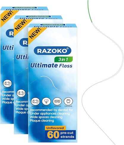 RAZOKO 3-in-1 Floss for Braces, 180 Pre-Cut Strands | Floss Threaders, Spongy & Regular Floss for Bridges & Wide Gaps (Pack of 3) | 3-in-1 with Spongy & Regular Floss, Ideal for Implants, Bridges & Wide Gaps, Cleans Around Appliances, Pre-Measured in Kuwait