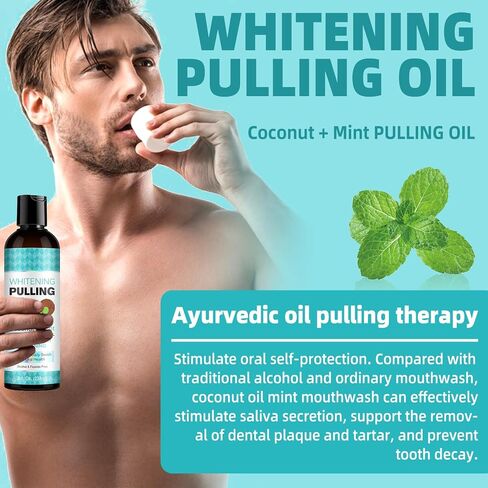 Peppermint Coconut Oil Pulling Mouthwash, Fast Acting & Visible Effect in Days, Deep Cleaning for Teeth & Gum, Fresh Breath, Alcohol-Free Natural Rinse Kit with Tongue Scraper for Adults & Kids in Kuwait