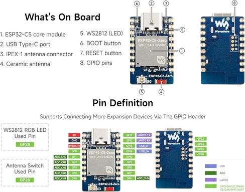 ESP32-C5 Mini Development Board, 32-bit RISC-V Processor 240MHz, Integrate Dual-Band Wi-Fi 6 / BLE 5 / Thread/Zigbee, USB Port, Onboard Antenna, for Embedded and IoT Applications in Kuwait