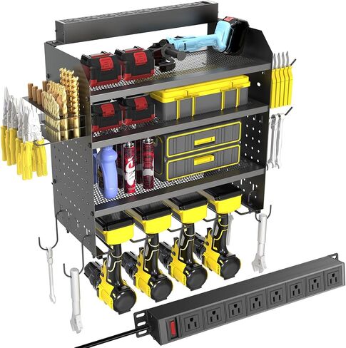 Drill Holder Wall Mount with 8-Outlet Charging Station, 190lbs Load 4 Layers Carbon Steel Heavy Duty Power Tool Organizer Wall Mount for Garage & Workshop, 4 Drill Holders, Modular Pegboard Rack in Kuwait