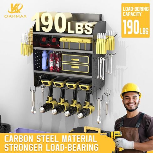 Drill Holder Wall Mount with 8-Outlet Charging Station, 190lbs Load 4 Layers Carbon Steel Heavy Duty Power Tool Organizer Wall Mount for Garage & Workshop, 4 Drill Holders, Modular Pegboard Rack in Kuwait