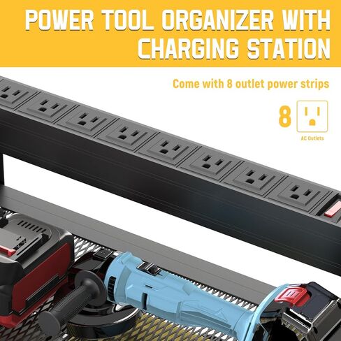 Drill Holder Wall Mount with 8-Outlet Charging Station, 190lbs Load 4 Layers Carbon Steel Heavy Duty Power Tool Organizer Wall Mount for Garage & Workshop, 4 Drill Holders, Modular Pegboard Rack in Kuwait
