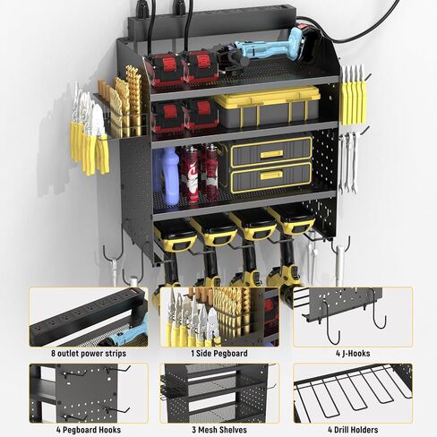 Drill Holder Wall Mount with 8-Outlet Charging Station, 190lbs Load 4 Layers Carbon Steel Heavy Duty Power Tool Organizer Wall Mount for Garage & Workshop, 4 Drill Holders, Modular Pegboard Rack in Kuwait