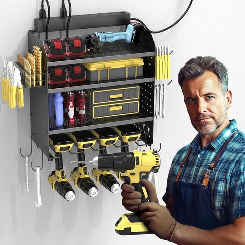 Drill Holder Wall Mount with 8-Outlet Charging Station, 190lbs Load 4 Layers Carbon Steel Heavy Duty Power Tool Organizer Wall Mount for Garage & Workshop, 4 Drill Holders, Modular Pegboard Rack in Kuwait