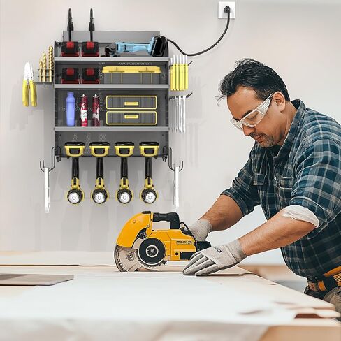 Drill Holder Wall Mount with 8-Outlet Charging Station, 190lbs Load 4 Layers Carbon Steel Heavy Duty Power Tool Organizer Wall Mount for Garage & Workshop, 4 Drill Holders, Modular Pegboard Rack in Kuwait